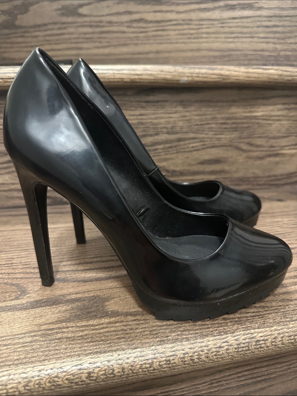Zara Black Faux Leather Almond Toe High Heel Pumps